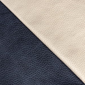 Échantillons de matières en faux cuir, bicolores beige et bleu, avec texture grainée