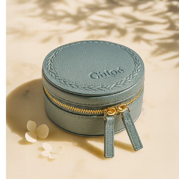 Boîte à bijoux Chloé Nomade en rPU bleu, présentée dans une ambiance douce avec des fleurs blanches, mettant en avant sa fermeture éclair dorée et ses tirettes assorties.