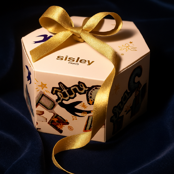 Le coffret hexagonal de Noël Sisley, avec ses illustrations et son ruban doré, présenté sur un tissu en velours bleu foncé.
