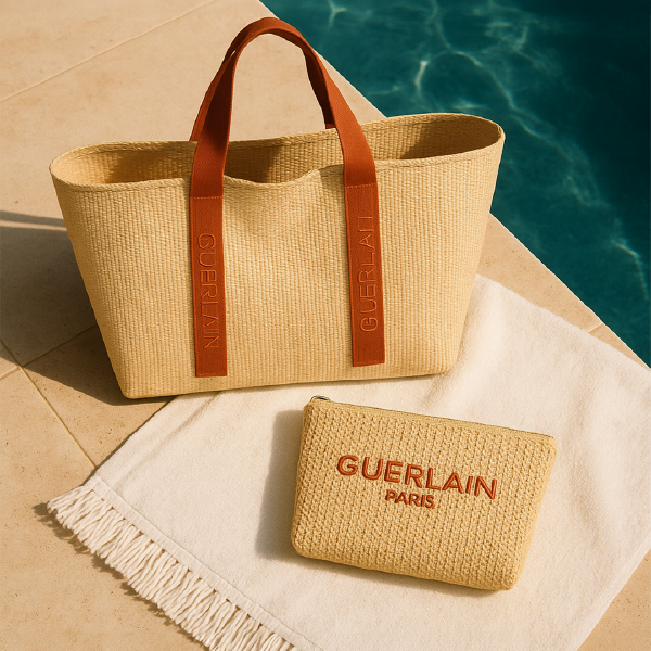 Ensemble sac de plage et trousse Guerlain en Paperstraw effet paille, posés sur une serviette blanche au bord d'une piscine.