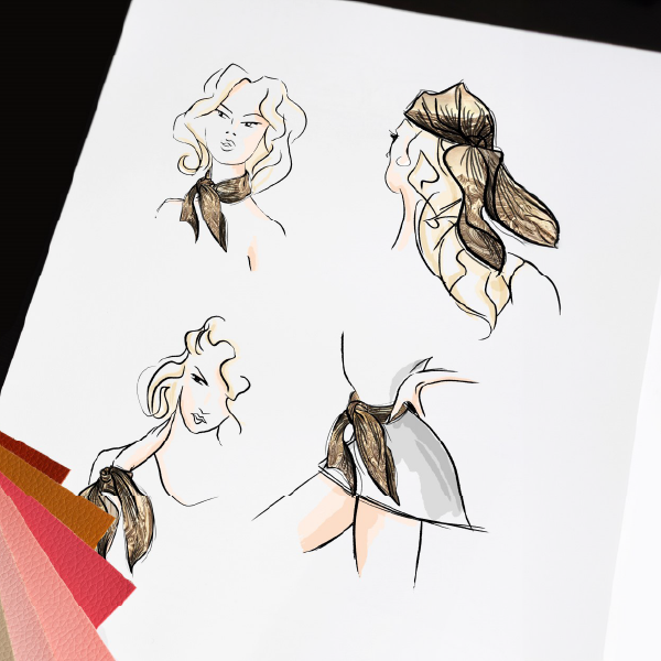 Croquis de mode illustrant différentes manières de porter le furoshiki Jean Paul Gaultier : autour du cou, dans les cheveux ou au poignet.