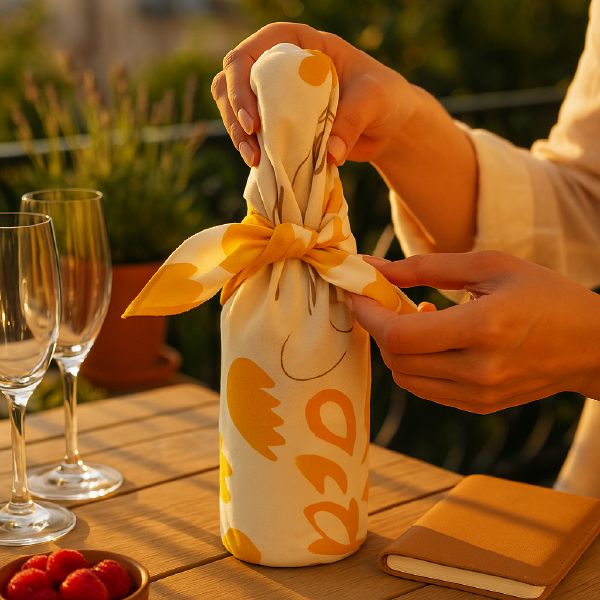 Mains nouant le furoshiki Veuve Clicquot autour d'une bouteille, illustrant son utilisation en emballage cadeau sur une table d'extérieur.