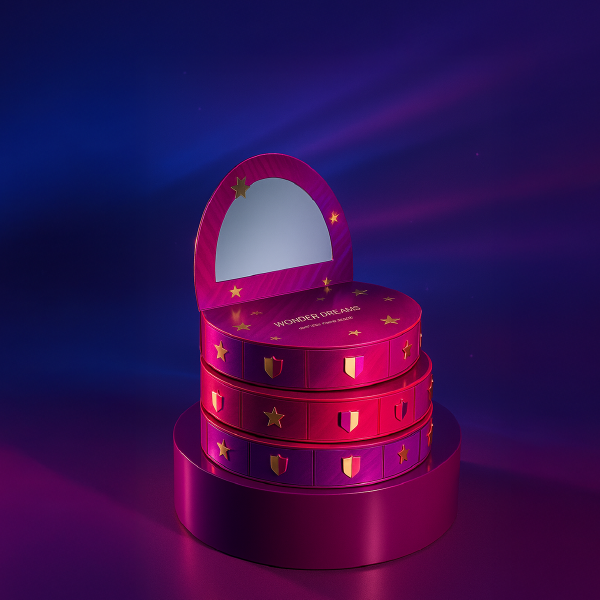 Le calendrier de l'Après Candy Addict, empilé sur un podium, dans une ambiance lumineuse rose et bleue. Le miroir est relevé, montrant son design de coiffeuse.