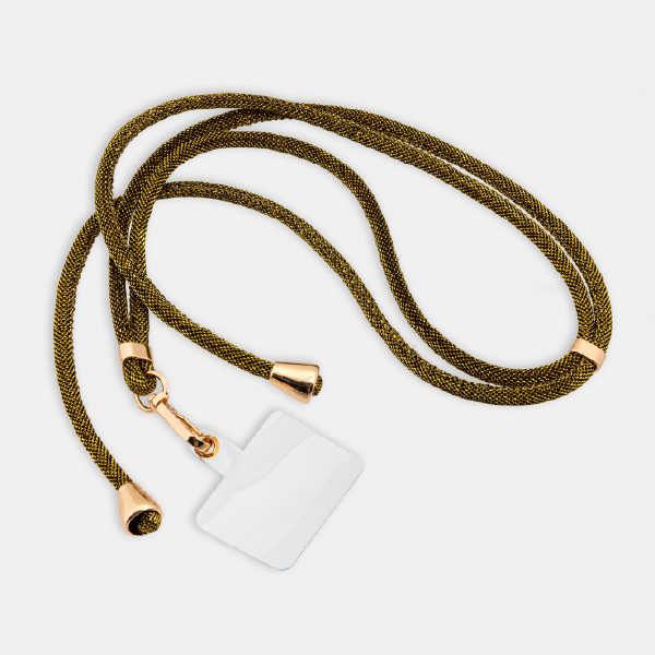 Le cordon de téléphone en cordelette pailletée dorée/kaki, avec ses finitions métalliques et sa languette de fixation.
