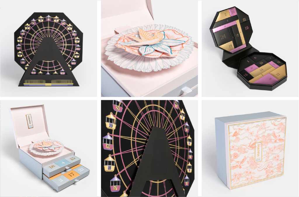 Mosaïque de photos de calendriers de l'Avent pop-up originaux : un modèle noir en forme de grande roue, un coffret bleu s'ouvrant sur une fleur 3D, et un calendrier octogonal à compartiments puzzle.