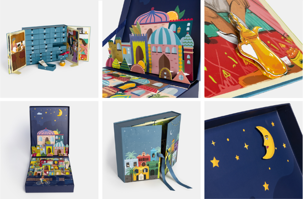 Mosaïque de photos de calendriers du Ramadan : un modèle en forme de livre avec 30 tiroirs illustrés et un autre révélant une ville colorée en pop-up sous un ciel étoilé.