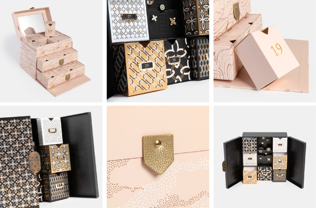 Mosaïque de photos de calendriers de l'Avent premium : un modèle rose à trois tiroirs avec un miroir, et un modèle noir type armoire contenant des boîtes à motifs graphiques or et blanc.