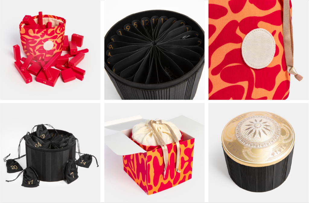 Mosaïque de photos de calendriers de l'Avent en tissu : un sac souple à motifs rouge et orange avec des boîtes individuelles, et un coffret cylindrique noir plissé avec un couvercle doré et des pochons en tissu.
