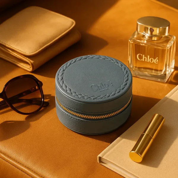 Boîte à bijoux ronde en cuir bleu Chloé avec fermeture éclair dorée, présentée aux côtés d’un flacon de parfum Chloé, de lunettes de soleil et d’un rouge à lèvres doré dans une ambiance élégante et lumineuse.