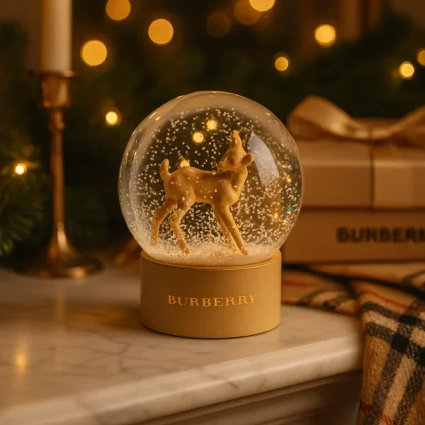 Boule à neige Burberry dorée avec un faon, posée sur une cheminée décorée pour Noël, entourée de lumière chaleureuse, bougie et coffret cadeau Burberry en arrière-plan.