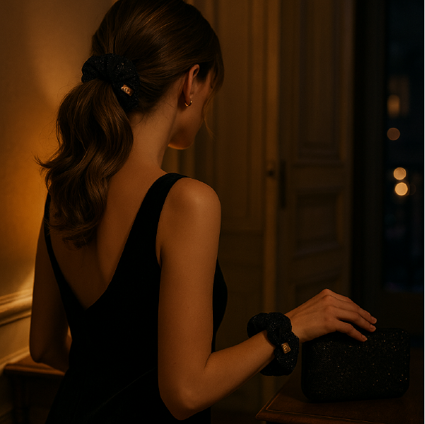 Femme en robe de soirée noire, portant un chouchou scintillant au poignet et tenant une pochette, dans une ambiance élégante.