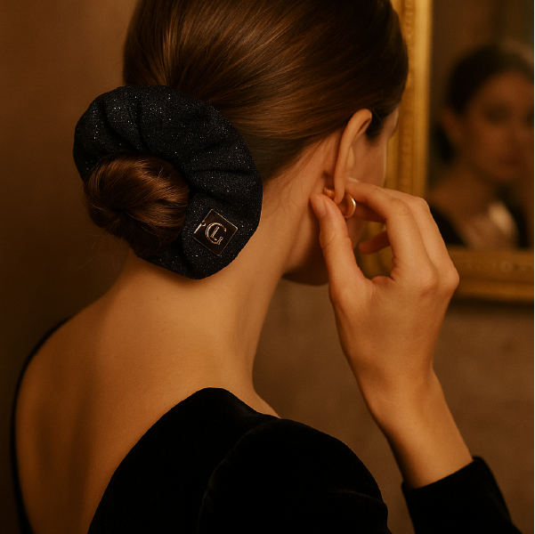 Femme vue de dos portant le chouchou scintillant noir Leonor Greyl autour d'un chignon élégant, se regardant dans un miroir.