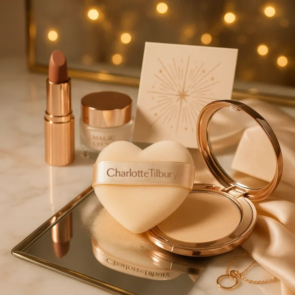 Houppette à poudre en forme de cœur Charlotte Tilbury avec miroir doré, présentée aux côtés d’un rouge à lèvres nude et d’une crème Magic Cream dans une ambiance élégante et festive.