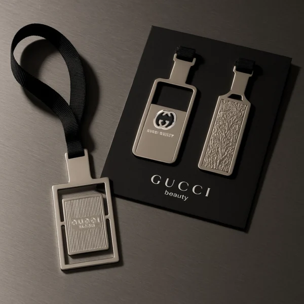 Set de marque-pages Gucci en métal argenté, design élégant et moderne avec gravures raffinées, présenté sur un support noir estampillé Gucci Beauty.