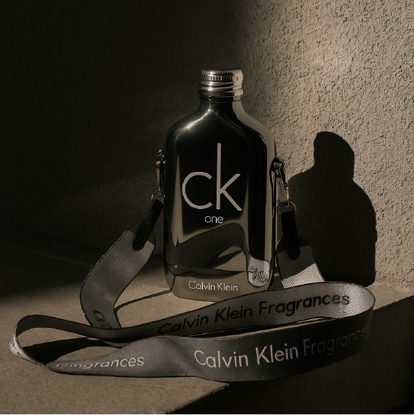 Mise en scène lifestyle de la gourde Calvin Klein, posée contre un mur texturé avec un éclairage dramatique qui souligne son design d'accessoire de mode.