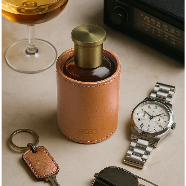 Mise en scène masculine avec le parfum BOSS dans son fourreau en cuir, posé sur une table à côté d'une montre, de clés et d'un verre à cocktail.