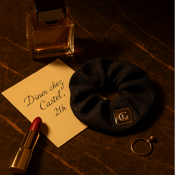 Composition élégante sur une table en marbre avec le chouchou scintillant Leonor Greyl, un rouge à lèvres, un flacon de parfum et une note manuscrite "Diner chez Castel".