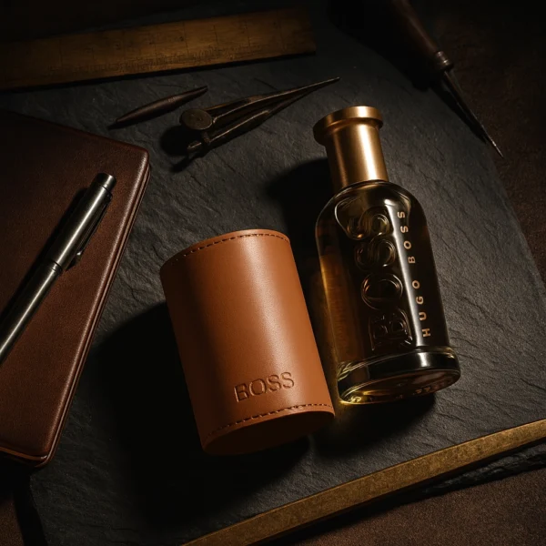 Fourreau en cuir marron embossé BOSS accompagné d’un flacon de parfum Hugo Boss, présenté dans une mise en scène élégante avec accessoires d’écriture et instruments de mesure.