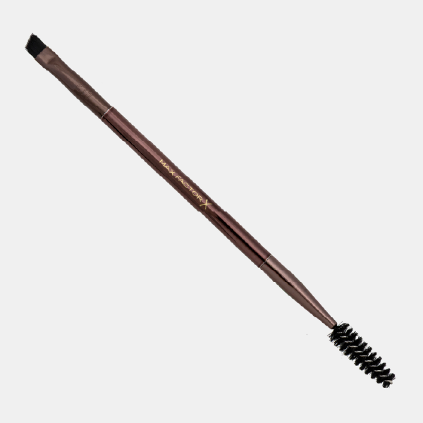 Le pinceau sourcils double-embout E15 de Max Factor X, avec un côté biseauté et un côté goupillon.