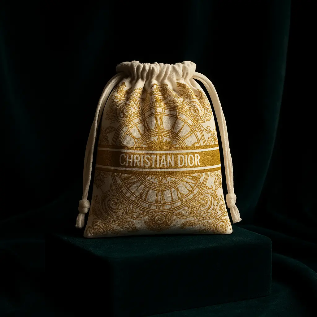 Pochon Christian Dior en coton recyclé, orné de motifs dorés raffinés et d’un cordon de serrage, présenté sur un fond sombre élégant.