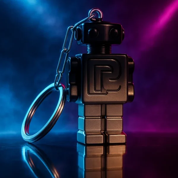 Porte-clés design en forme de robot métallique, photographié avec un éclairage néon bleu et violet futuriste, reflet sur surface brillante.