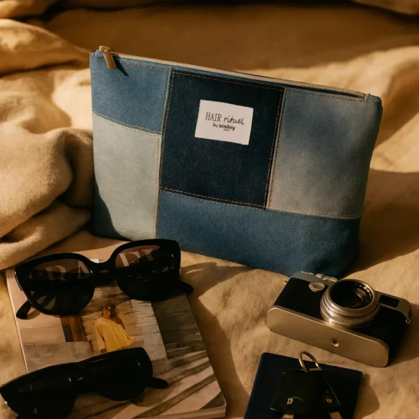 Trousse en patchwork denim Hair Rituel by Sisley, présentée dans une ambiance lifestyle avec lunettes de soleil, appareil photo et magazine de mode.