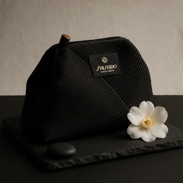 Trousse plissée noire Shiseido Ginza Tokyo avec fermeture zippée, présentée sur ardoise avec une fleur blanche et un galet pour une mise en scène élégante et minimaliste.